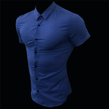 sanyamk New Summer Men Fashion Short Sleeve Solid Shirt Slim Fit Male Social Business Dress Shirt Brand Mens Gym Fitness Sports Clothing