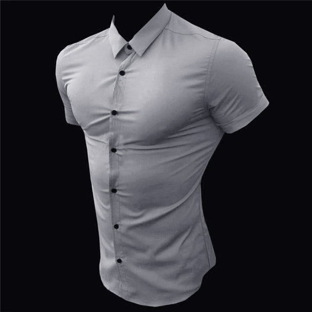 sanyamk New Summer Men Fashion Short Sleeve Solid Shirt Slim Fit Male Social Business Dress Shirt Brand Mens Gym Fitness Sports Clothing