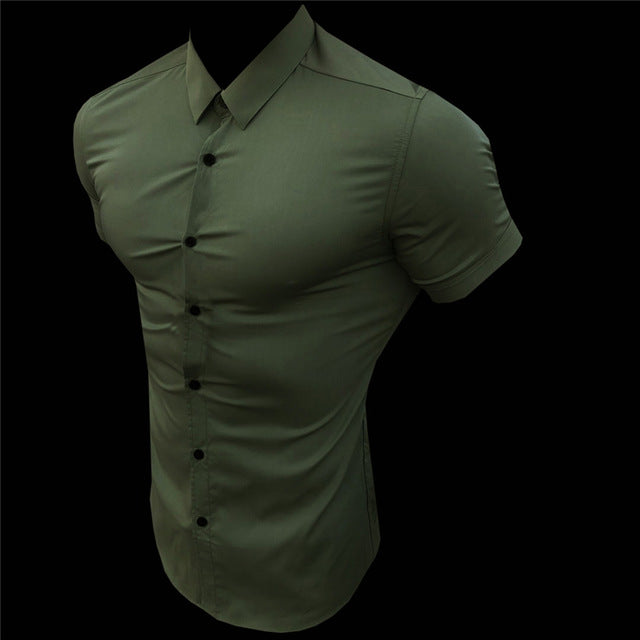 sanyamk New Summer Men Fashion Short Sleeve Solid Shirt Slim Fit Male Social Business Dress Shirt Brand Mens Gym Fitness Sports Clothing