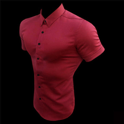 sanyamk New Summer Men Fashion Short Sleeve Solid Shirt Slim Fit Male Social Business Dress Shirt Brand Mens Gym Fitness Sports Clothing