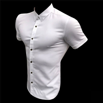 sanyamk New Summer Men Fashion Short Sleeve Solid Shirt Slim Fit Male Social Business Dress Shirt Brand Mens Gym Fitness Sports Clothing