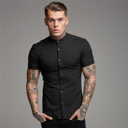 sanyamk New Arrivals Summer Man Short Sleeve Shirt Solid Fitness Mens Stand Collar Super Slim Fit Business Dress Shirt Button Gym Tops