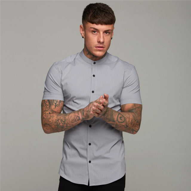 sanyamk New Arrivals Summer Man Short Sleeve Shirt Solid Fitness Mens Stand Collar Super Slim Fit Business Dress Shirt Button Gym Tops