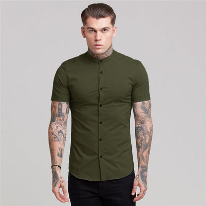 sanyamk New Arrivals Summer Man Short Sleeve Shirt Solid Fitness Mens Stand Collar Super Slim Fit Business Dress Shirt Button Gym Tops