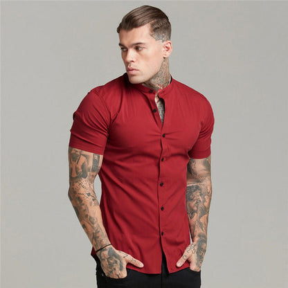 sanyamk New Arrivals Summer Man Short Sleeve Shirt Solid Fitness Mens Stand Collar Super Slim Fit Business Dress Shirt Button Gym Tops