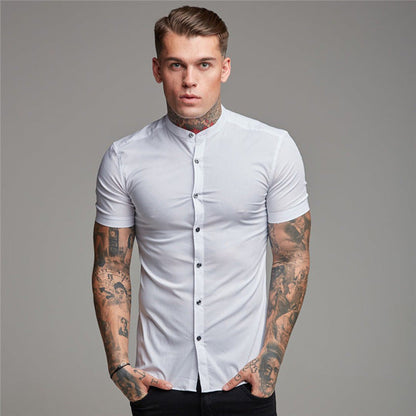 sanyamk New Arrivals Summer Man Short Sleeve Shirt Solid Fitness Mens Stand Collar Super Slim Fit Business Dress Shirt Button Gym Tops