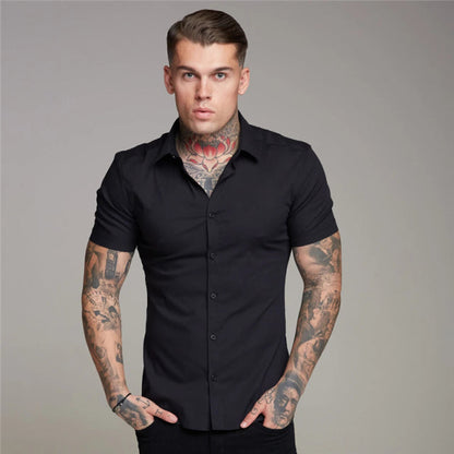 sanyamk New Arrivals Summer Man Short Sleeve Shirt Solid Fitness Mens Stand Collar Super Slim Fit Business Dress Shirt Button Gym Tops