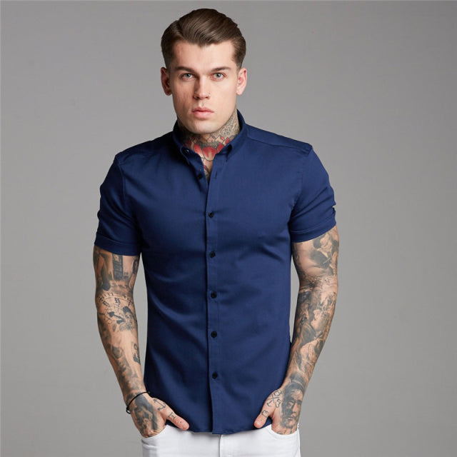 sanyamk New Arrivals Summer Man Short Sleeve Shirt Solid Fitness Mens Stand Collar Super Slim Fit Business Dress Shirt Button Gym Tops