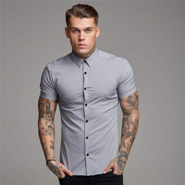 sanyamk New Arrivals Summer Man Short Sleeve Shirt Solid Fitness Mens Stand Collar Super Slim Fit Business Dress Shirt Button Gym Tops