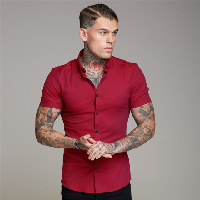 sanyamk New Arrivals Summer Man Short Sleeve Shirt Solid Fitness Mens Stand Collar Super Slim Fit Business Dress Shirt Button Gym Tops