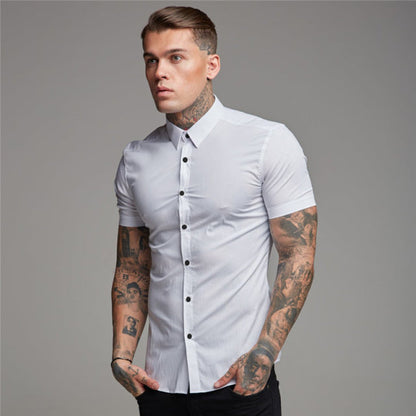 sanyamk New Arrivals Summer Man Short Sleeve Shirt Solid Fitness Mens Stand Collar Super Slim Fit Business Dress Shirt Button Gym Tops