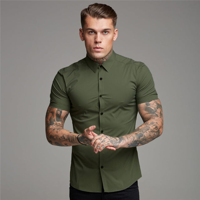 sanyamk New Arrivals Summer Man Short Sleeve Shirt Solid Fitness Mens Stand Collar Super Slim Fit Business Dress Shirt Button Gym Tops