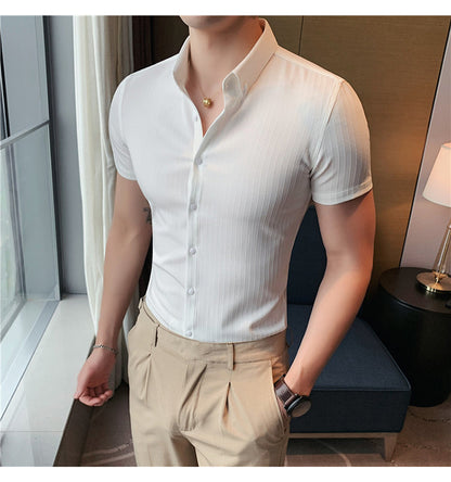 sanyamk High Quality Summer Men Dress Striped Shirts Short Sleeve Fashion Korean Slim Fit Casual Business Formal Wear Blouse Homme