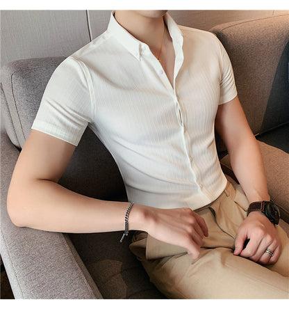 sanyamk High Quality Summer Men Dress Striped Shirts Short Sleeve Fashion Korean Slim Fit Casual Business Formal Wear Blouse Homme