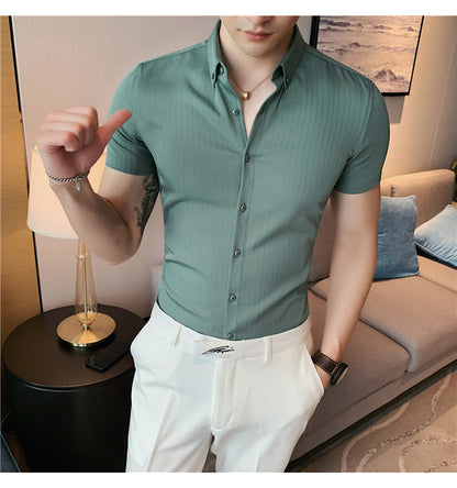 sanyamk High Quality Summer Men Dress Striped Shirts Short Sleeve Fashion Korean Slim Fit Casual Business Formal Wear Blouse Homme