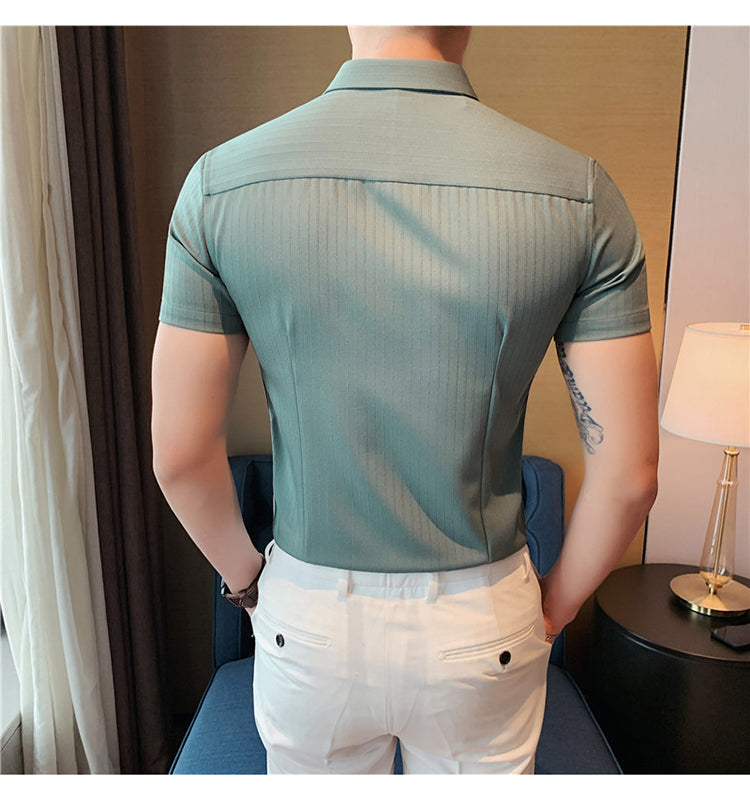 sanyamk High Quality Summer Men Dress Striped Shirts Short Sleeve Fashion Korean Slim Fit Casual Business Formal Wear Blouse Homme