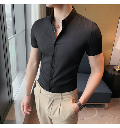 sanyamk High Quality Summer Men Dress Striped Shirts Short Sleeve Fashion Korean Slim Fit Casual Business Formal Wear Blouse Homme