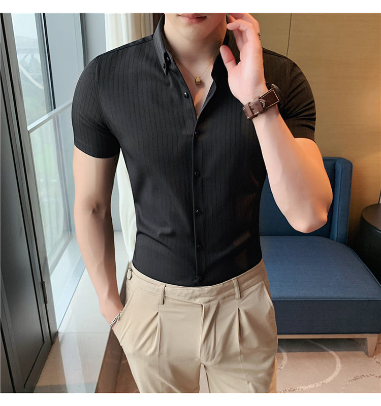 sanyamk High Quality Summer Men Dress Striped Shirts Short Sleeve Fashion Korean Slim Fit Casual Business Formal Wear Blouse Homme