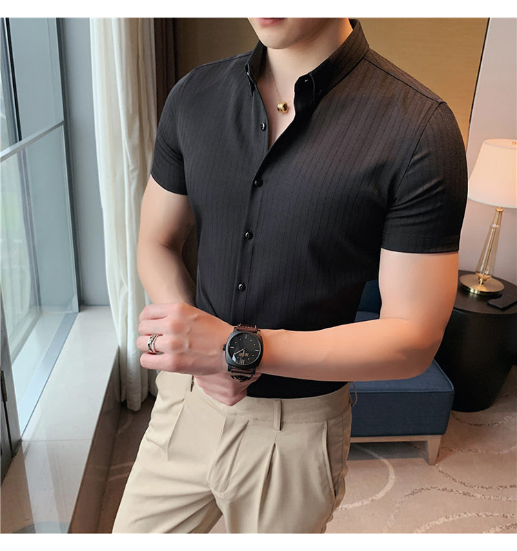 sanyamk High Quality Summer Men Dress Striped Shirts Short Sleeve Fashion Korean Slim Fit Casual Business Formal Wear Blouse Homme