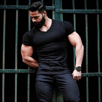 sanyamk Men V Neck Short Sleeve T Shirt Fitness Slim Fit Sports Strips T-shirt Male Solid Fashion Tees Tops Summer Knitted Gym Clothing