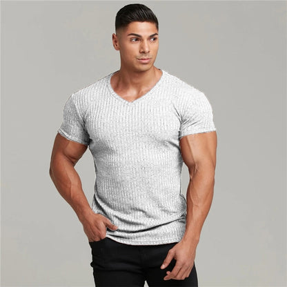 sanyamk Men V Neck Short Sleeve T Shirt Fitness Slim Fit Sports Strips T-shirt Male Solid Fashion Tees Tops Summer Knitted Gym Clothing