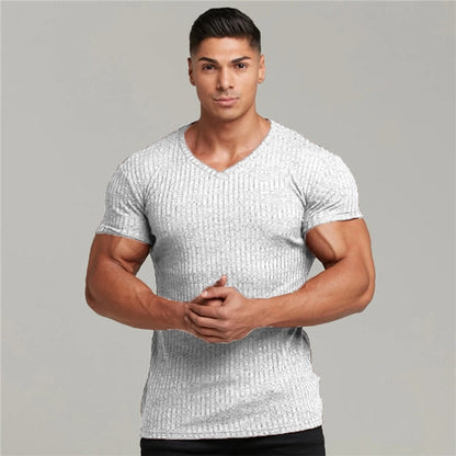 sanyamk Men V Neck Short Sleeve T Shirt Fitness Slim Fit Sports Strips T-shirt Male Solid Fashion Tees Tops Summer Knitted Gym Clothing