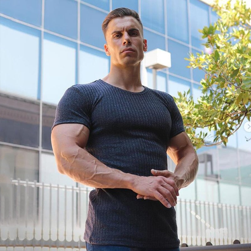 sanyamk Men V Neck Short Sleeve T Shirt Fitness Slim Fit Sports Strips T-shirt Male Solid Fashion Tees Tops Summer Knitted Gym Clothing