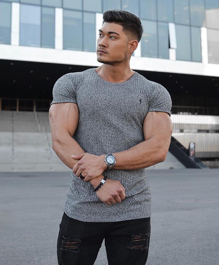 sanyamk Men V Neck Short Sleeve T Shirt Fitness Slim Fit Sports Strips T-shirt Male Solid Fashion Tees Tops Summer Knitted Gym Clothing