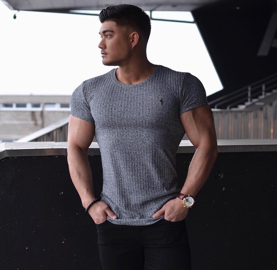 sanyamk Men V Neck Short Sleeve T Shirt Fitness Slim Fit Sports Strips T-shirt Male Solid Fashion Tees Tops Summer Knitted Gym Clothing