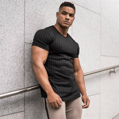 sanyamk Men V Neck Short Sleeve T Shirt Fitness Slim Fit Sports Strips T-shirt Male Solid Fashion Tees Tops Summer Knitted Gym Clothing