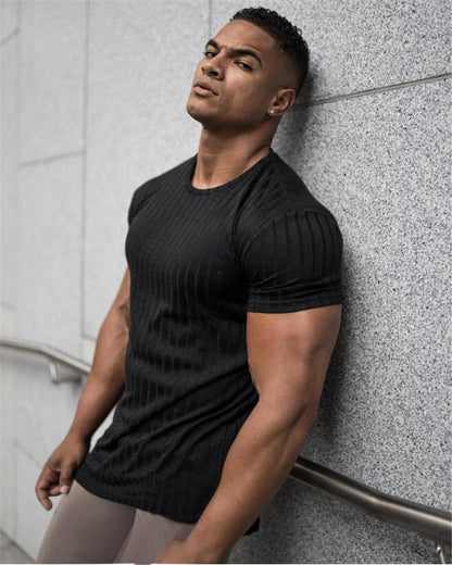 sanyamk Men V Neck Short Sleeve T Shirt Fitness Slim Fit Sports Strips T-shirt Male Solid Fashion Tees Tops Summer Knitted Gym Clothing