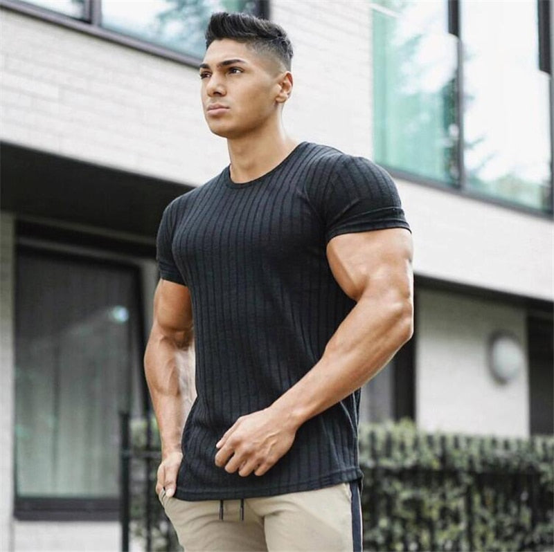 sanyamk Men V Neck Short Sleeve T Shirt Fitness Slim Fit Sports Strips T-shirt Male Solid Fashion Tees Tops Summer Knitted Gym Clothing