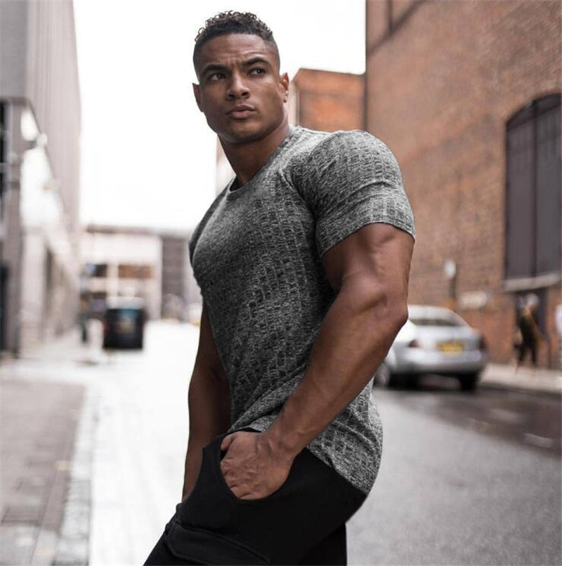 sanyamk Men V Neck Short Sleeve T Shirt Fitness Slim Fit Sports Strips T-shirt Male Solid Fashion Tees Tops Summer Knitted Gym Clothing