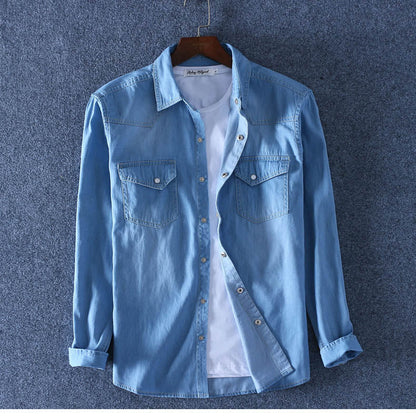 sanyamk Spring Autumn Men Denim Thin Shirt Long Sleeve Soft 100% Cotton Two Pockets Slim Slight Elastic Jeans Cowboy 4XL