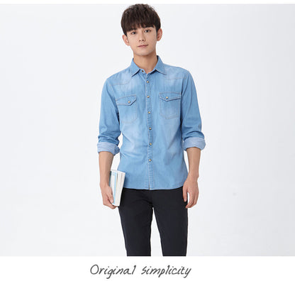 sanyamk Spring Autumn Men Denim Thin Shirt Long Sleeve Soft 100% Cotton Two Pockets Slim Slight Elastic Jeans Cowboy 4XL