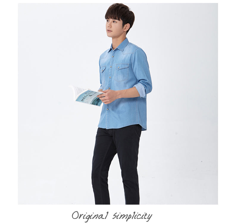 sanyamk Spring Autumn Men Denim Thin Shirt Long Sleeve Soft 100% Cotton Two Pockets Slim Slight Elastic Jeans Cowboy 4XL