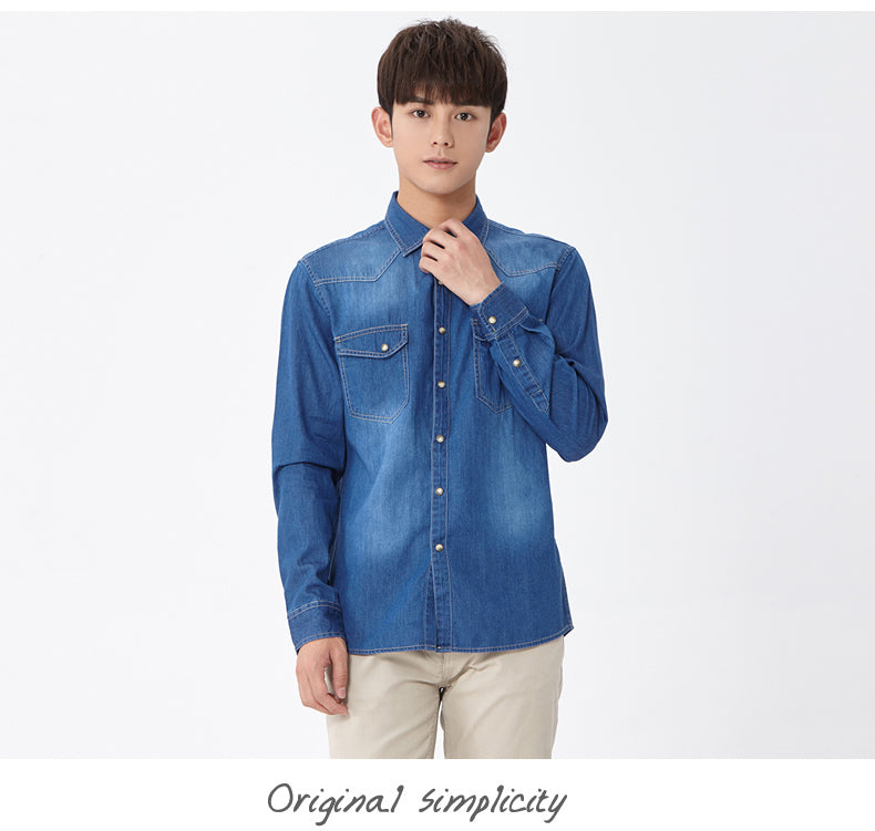 sanyamk Spring Autumn Men Denim Thin Shirt Long Sleeve Soft 100% Cotton Two Pockets Slim Slight Elastic Jeans Cowboy 4XL