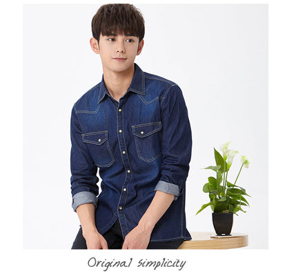 sanyamk Spring Autumn Men Denim Thin Shirt Long Sleeve Soft 100% Cotton Two Pockets Slim Slight Elastic Jeans Cowboy 4XL