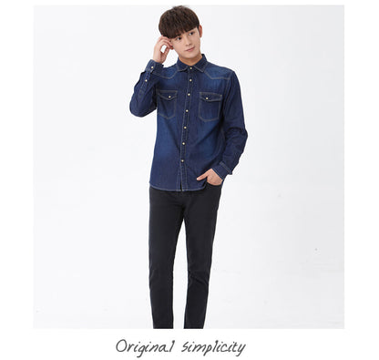 sanyamk Spring Autumn Men Denim Thin Shirt Long Sleeve Soft 100% Cotton Two Pockets Slim Slight Elastic Jeans Cowboy 4XL