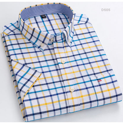 sanyamk Men&#39;s Summer Casual Short Sleeve 100% Cotton Thin Oxford Shirt Single Patch Pocket Standard-fit Button-down Plaid Striped Shirts