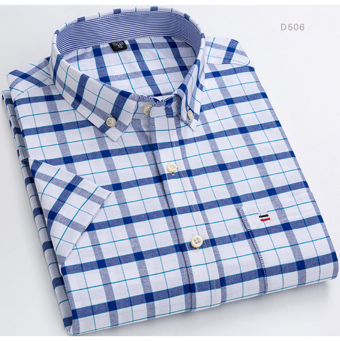 sanyamk Men&#39;s Summer Casual Short Sleeve 100% Cotton Thin Oxford Shirt Single Patch Pocket Standard-fit Button-down Plaid Striped Shirts