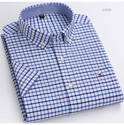 sanyamk Men&#39;s Summer Casual Short Sleeve 100% Cotton Thin Oxford Shirt Single Patch Pocket Standard-fit Button-down Plaid Striped Shirts