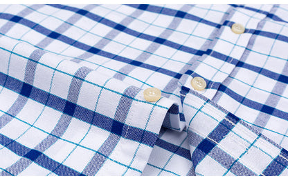 sanyamk Men&#39;s Summer Casual Short Sleeve 100% Cotton Thin Oxford Shirt Single Patch Pocket Standard-fit Button-down Plaid Striped Shirts