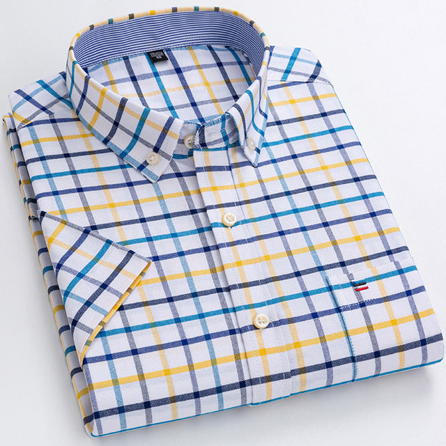 sanyamk Men&#39;s Summer Casual Short Sleeve 100% Cotton Thin Oxford Shirt Single Patch Pocket Standard-fit Button-down Plaid Striped Shirts