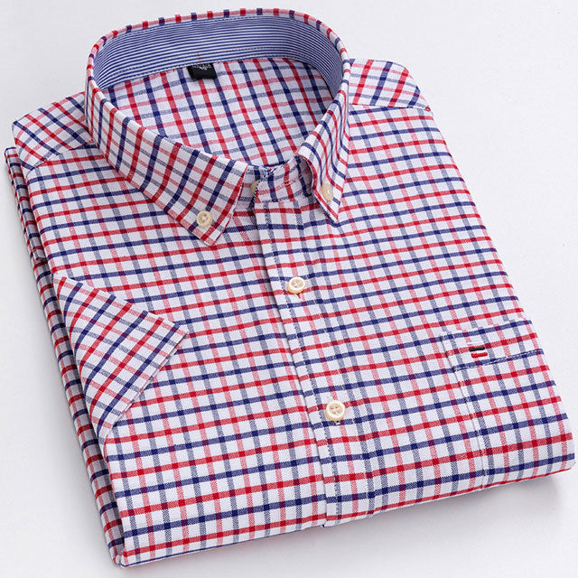 sanyamk Men&#39;s Summer Casual Short Sleeve 100% Cotton Thin Oxford Shirt Single Patch Pocket Standard-fit Button-down Plaid Striped Shirts