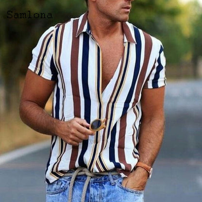 sanyamk Men Skinny Tops Model Shirt 2022 Short Sleeve Patchwork Stripe Blouse Single-Breasted Summer Casual Shirt Sexy Mens clothing