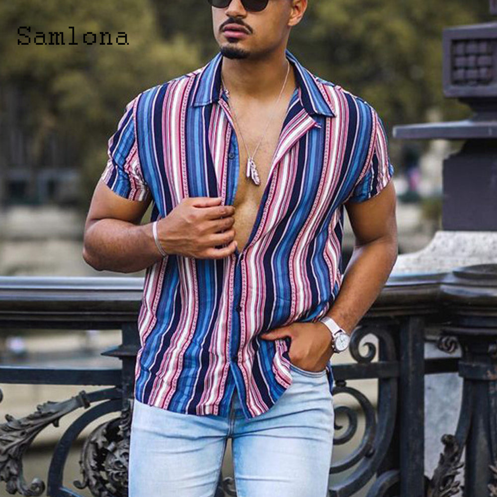 sanyamk Men Skinny Tops Model Shirt Short Sleeve Patchwork Stripe Blouse Single-Breasted Summer Casual Shirt Sexy Mens clothing