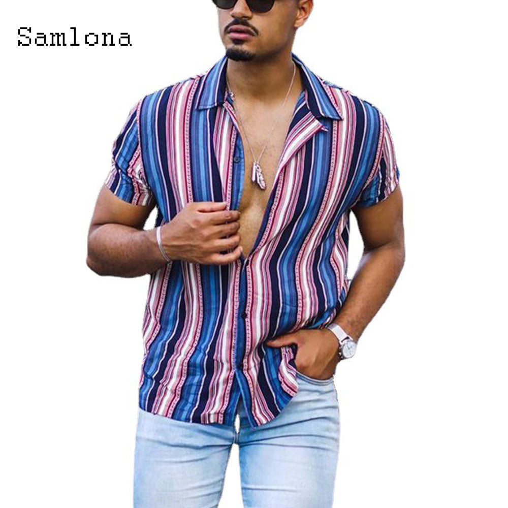 sanyamk Men Skinny Tops Model Shirt Short Sleeve Patchwork Stripe Blouse Single-Breasted Summer Casual Shirt Sexy Mens clothing