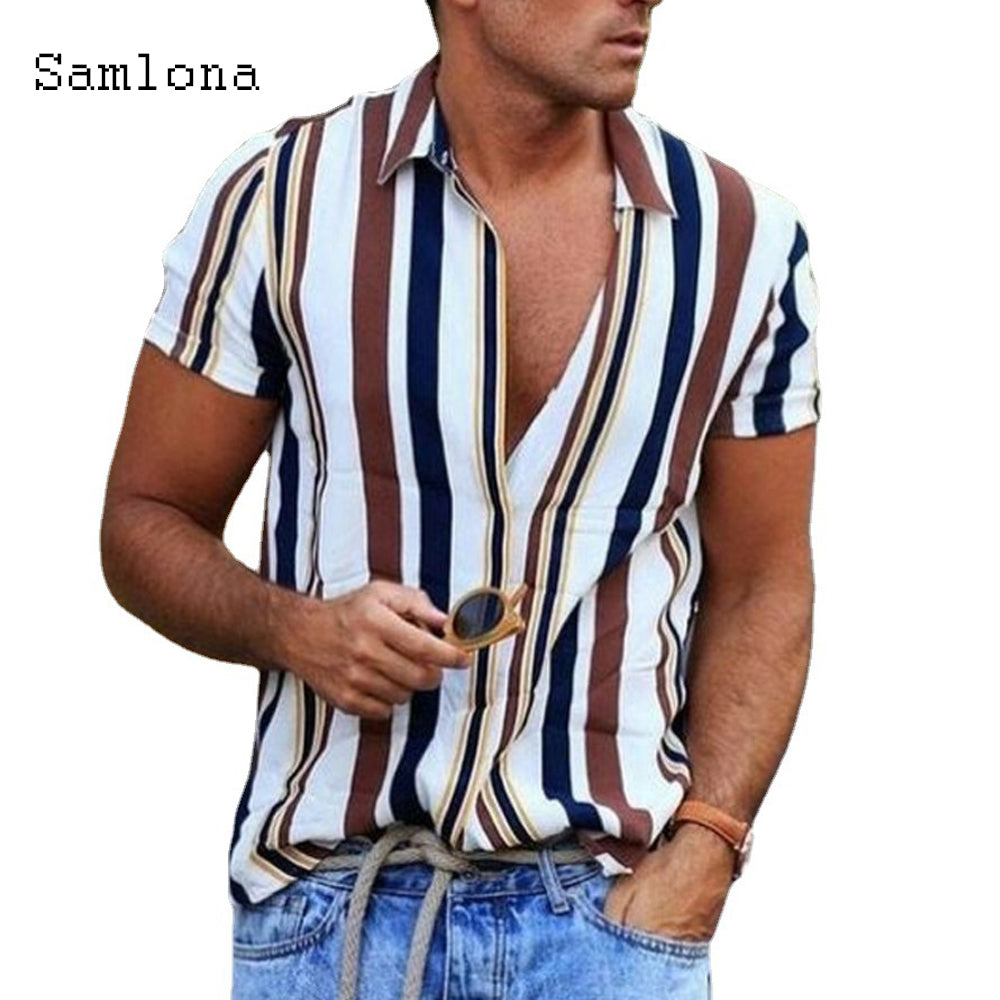 sanyamk Men Skinny Tops Model Shirt Short Sleeve Patchwork Stripe Blouse Single-Breasted Summer Casual Shirt Sexy Mens clothing