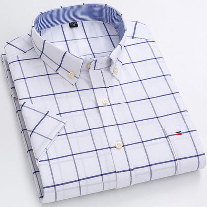 sanyamk Men&#39;s Oxford Short Sleeve Summer Casual Shirts Single Pocket Comfortable Standard-fit Button-down Plaid Striped Cotton Shirt